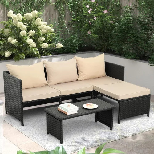 Valita Juego de muebles de ratán PE para exteriores, 3 piezas, para patio, sofá biplaza de conversación de mimbre negro, sofá seccional, cojín caqui