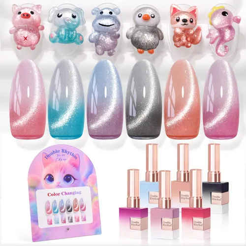 Miniatura 33 de Double Rhythm - Juego de esmalte de uñas de gel ojo de gato de 6 unidades, mismo color, misma botella, 14.8 ml, brillo con glitter, con imán