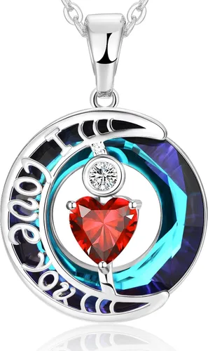 Miniatura 32 de Collares de cristal para mujer, regalos para aniversario de esposa, regalos de cumpleaños para mujeres, collar de zafiro azul con la frase "I Love