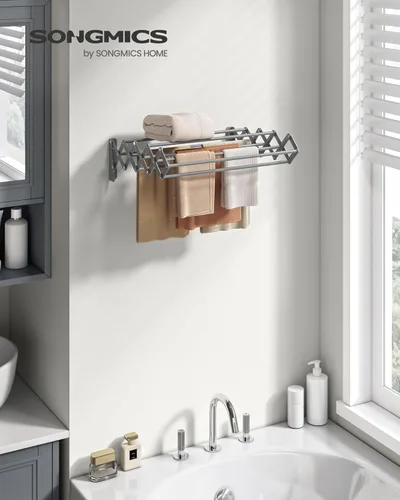 Miniatura 2 de SONGMICS Estante de Secado de Ropa, Estante de Secado de Ropa Montado en la Pared, Pequeño Estante de Ropa Acordeón, 9 Varillas Colgantes Gris paloma