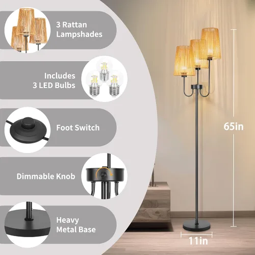 Miniatura 3 de Lámpara de pie de ratán para sala de estar, lámpara de pie de granja de 3 luces con pantallas de ratán, lámparas altas rústicas de 65 pulgadas