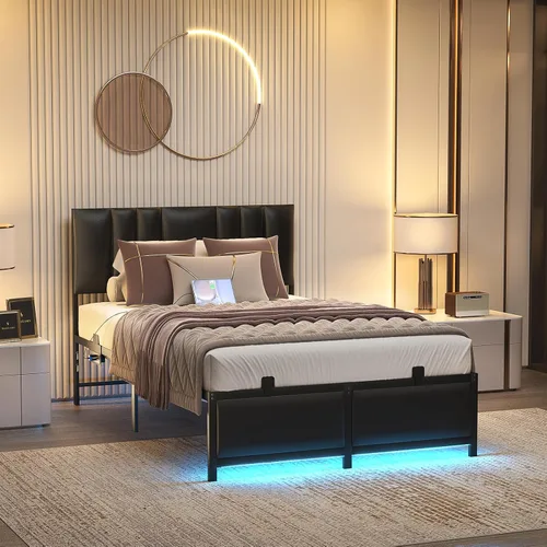 Miniatura 2 de Besiost Base de cama de tamaño individual con cabecera ajustable de 3 alturas, cama de plataforma tapizada de cuero con luz LED y estación de carga