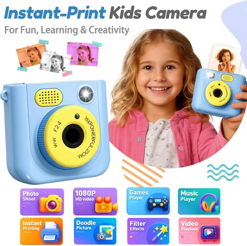 Miniatura 2 de Cámara de impresión instantánea para niños, cámara digital HD de 48 MP 1080P con impresión en color y B&W, tarjeta de 32 GB y 3 rollos de papel