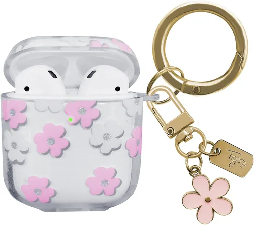 Miniatura 16 de Funda compatible con AirPods, funda de TPU suave con bonito patrón de flores para AirPods de 2 y 1 generación con llavero colgante y mosquetón