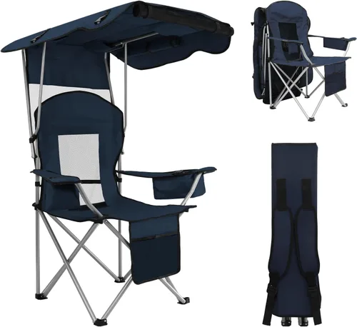 Silla de camping BDL con toldo plegable portátil, sillas de playa con enfriador, respaldo de malla, portavasos y bolsillo para acampar, pesca, playa