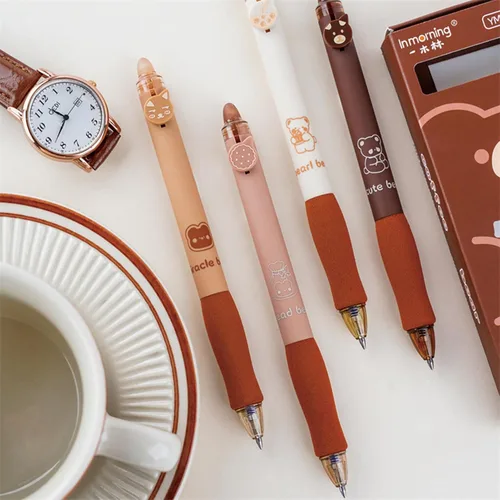 Miniatura 3 de MOZXIRZ 4 bolígrafos de tinta de gel borrables retráctiles, bonitos bolígrafos de oso de 0.5mm, bolígrafo de punta fina, suministros escolares