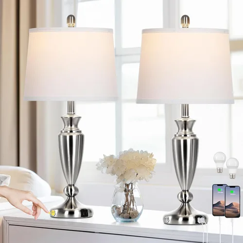 Miniatura 9 de Rinweey Lámpara de mesa negra de 27 pulgadas, lámpara de sala de estar con control táctil de 3 vías con puertos USB A+C, moderna lámpara de noche