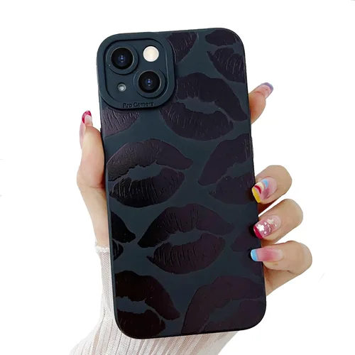 Miniatura 12 de LAPOPNUT Funda negra para iPhone 13 Pro Max, Funda de silicona suave con diseño de patrón de labios lindo para mujeres y niñas, Funda protectora a