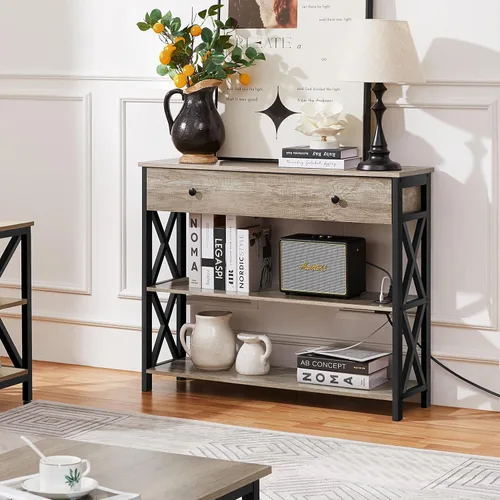 Miniatura 2 de Yaheetech Mesa consola con tomas de corriente y puertos USB, mesa de entrada de madera con cajón y estantes abiertos, mesas de sofá estrechas