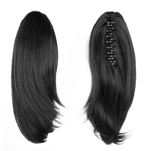Miniatura 57 de Extensiones de cola de caballo, extensiones de cabello rizado con clip de garra de color marrón oscuro para mujer, peluca sintética de cola