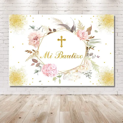 Miniatura 6 de MEHOFOND Mi Bautizo - Telón de fondo dorado con texto en inglés «Bless Mexican Bautismo» para niña, decoración de fiesta de primera comunión