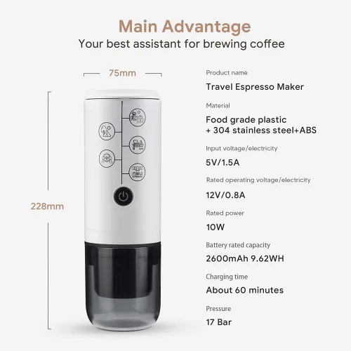 Miniatura 3 de Máquina de café espresso portátil 3 en 1 sin función de calefacción, cafetera eléctrica de carga tipo C, mini cafetera de 17 bar para N Negro