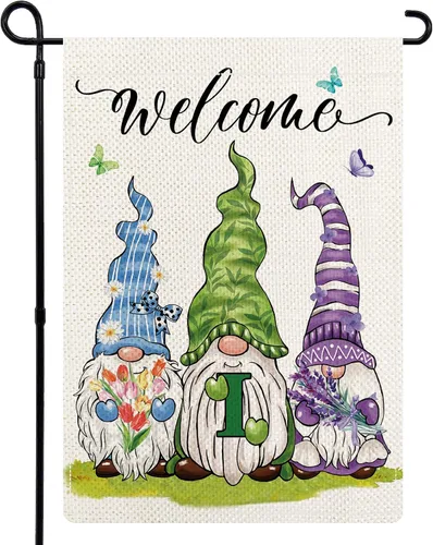 Miniatura 13 de Bandera de jardín con monograma de flores de gnomos de primavera, bandera de gnomo floral con letra inicial, bandera de bienvenida de primavera