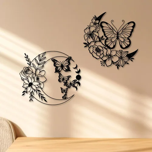 Miniatura 5 de ruelen Decoración de pared de metal con diseño de mariposa y luna, arte de pared bohemio floral para colgar en la pared en el hogar
