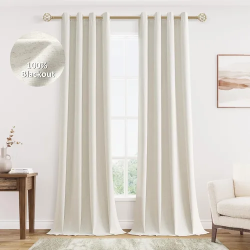 Cream Linen Blackout Curtains 90 Length 2 Panels Set for Living Room Bedroom, 100% Black Out Thermal Insulated Linen Drapes, Room Darkening Grommet