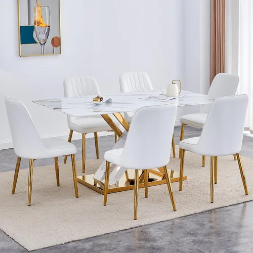 Miniatura 24 de Juego de mesa de comedor de mármol para mesa rectangular blanca de 4.63 pulgadas con marco de metal plateado en forma de X y 4 sillas de comedor