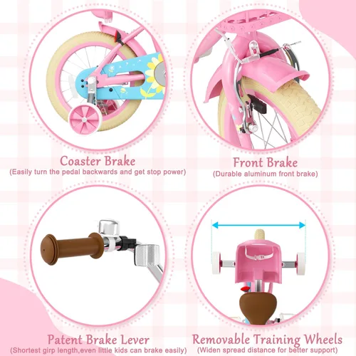 Miniatura 5 de Glaf Bicicleta para niñas de 12, 14, 16, 20 pulgadas, con ruedas de entrenamiento para niños de 2 a 12 años, bicicleta con cesta y asiento