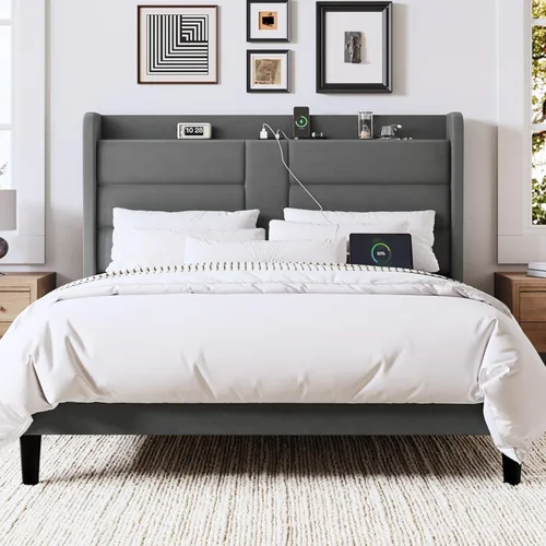 Miniatura 3 de Allewie Base de cama de plataforma tamaño Queen con estación de carga y cabecera de almacenamiento, diseño tapizado de terciopelo con respaldo y Gris