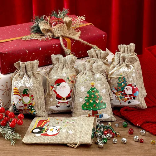 Miniatura 4 de JUNEBRUSHS Bolsas de arpillera de Navidad con cordón, paquete de 20 bolsas de regalo de Navidad, bolsas de golosinas, lindas bolsas de regalo
