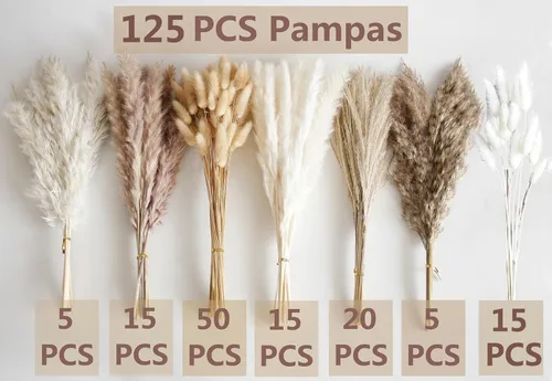 Miniatura 2 de Bannifll 125 PCS Ramo de Hierba de Pampa Seca, Decoración de Mesa Boho, Flores Secas Cola de Conejo, Pampas Marrones, Hierba de Pampa Blanca