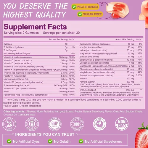 Miniatura 5 de Totaria Gomitas multivitamínicas sin azúcar para mujeres mayores de 14 años con hierro, inositol, folato, biotina, gomitas multivitamínicas diarias