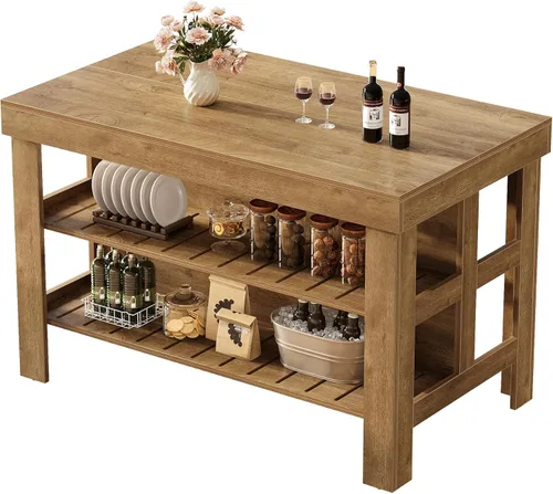 Miniatura 8 de Tribesigns Isla de cocina con estantes de asiento y almacenamiento, mostrador de desayuno de 55.1 pulgadas, mesa de isla de granja para cocina