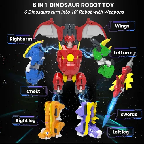Miniatura 2 de Wenbeier Juguetes de robot dinosaurio 6-en-1, juguetes de robot transformables, juguetes para desmontar que incluyen 6 figuras de acción