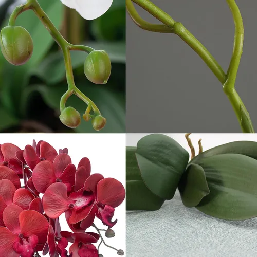 Miniatura 7 de FagusHome Phalaenopsis - 6 piezas de flores artificiales de orquídea con 4 paquetes de hojas, plantas con tallo para decoración del hogar (rojo)