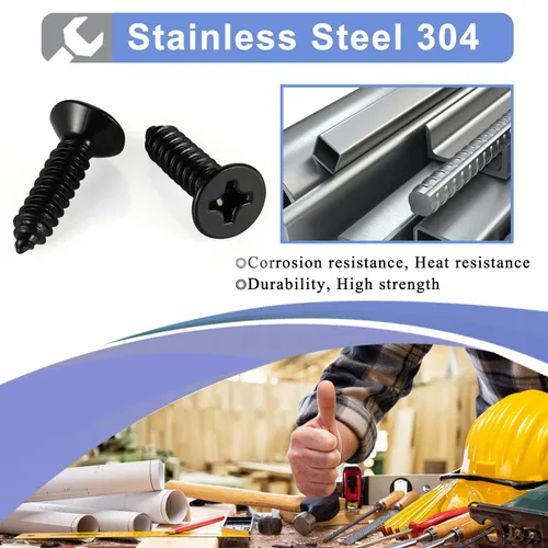 Miniatura 5 de Mellewell Tornillos de chapa metálica de cabeza plana #4 x 1, tornillos para madera, acabado negro, acero inoxidable 18-8, autoroscantes, 100