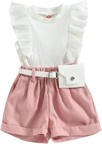 Miniatura 70 de TheFound Trajes de verano para niñas pequeñas, sin mangas, de punto acanalado, halter, pantalones cortos, ropa para recién nacidos, conjunto de 3