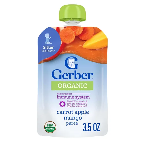 Gerber Alimento para bebés etapa 2, mango orgánico de zanahoria y manzana, bolsas de comida para bebés, bolsas de puré, vitamina A, C y E ayuda a
