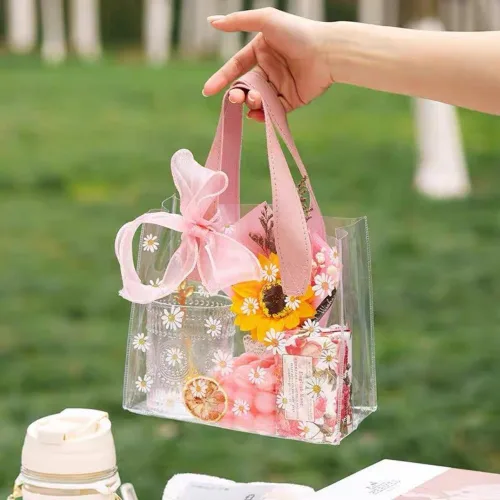 Miniatura 5 de YMASELA Bolsa de regalo transparente con asas (9.8 x 9.1 x 5.5 pulgadas, 2 unidades) bolsa de embalaje de regalo impermeable de plástico resistente