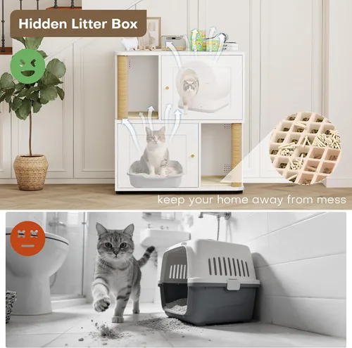 Miniatura 3 de Caja de arena para gatos para 2 gatos, armario de metal oculto doble con poste rascador para gatos, muebles grandes para baño de mascotas, mesa