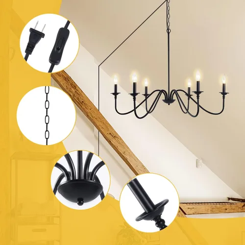 Miniatura 6 de HOXIYA Lámpara de araña regulable de 34.6 pulgadas con cable, 6 luces modernas de granja para comedor, lámpara colgante de techo rústica retro