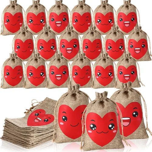Miniatura 6 de Crtiin 24 bolsas de regalo de arpillera para el día de San Valentín, bolsas de regalo de lino con cordón de corazón, bolsa de dulces para regalos