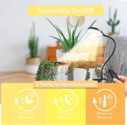 Miniatura 5 de Luces de cultivo para plantas de interior, luces LED de espectro completo de 15 W con temporizador de encendido/apagado automático de 3/9/12 horas