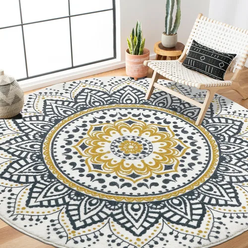 Miniatura 7 de HEBE Alfombra redonda lavable de 5.2 pies antideslizante vintage para dormitorio, suave, no se desprende, alfombra redonda bohemia para sala