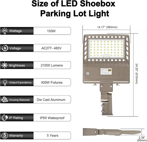 Miniatura 6 de Luces LED de estacionamiento de 480 V 150 W 21000 LM LED Shoebox Pole Lights Fixture 400W HID/HPS Reemplazo 5000K IP65 AC 277-480V UL Listado