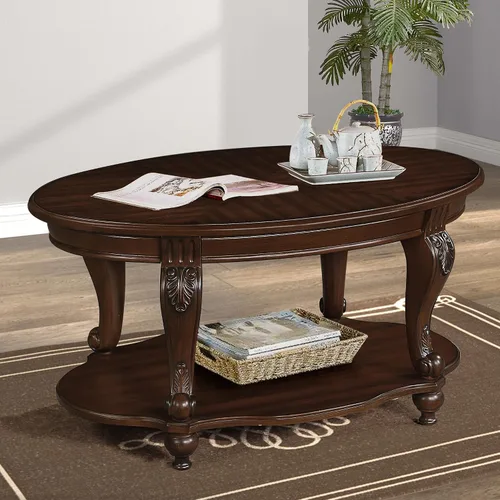 Miniatura 7 de Mesa de café ovalada de madera para sala de estar, mesa de café de dos niveles de madera maciza con estante de almacenamiento abierto, mesa