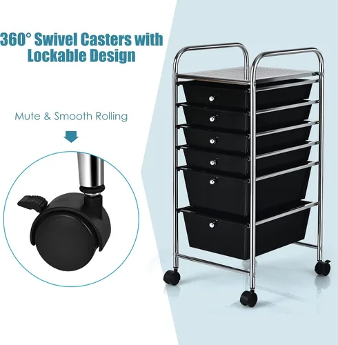 Miniatura 7 de Happygrill Carrito organizador de 6 cajones, carrito de almacenamiento móvil con cajones extraíbles y ruedas con cerradura, carrito de Negro