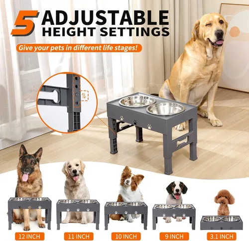 Miniatura 2 de Cuencos elevados para perros con 2 cuencos de acero inoxidable, soporte ajustable de 5 alturas (3.1 pulgadas, 9 a 12 pulgadas), para una mejor Gris