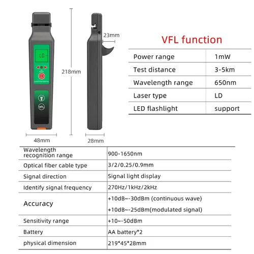 Miniatura 7 de Identificador de fibra óptica VFL LED Luz OFI de fibra viva Cable óptico Identificador Detector Probador 900-1650nm SM y MM OFI Herramientas