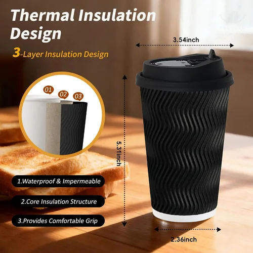 Miniatura 3 de Paquete de 100 tazas de café desechables de pared ondulada corrugada de 16 onzas con tapas y pajitas, tazas aisladas resistentes para bebidas