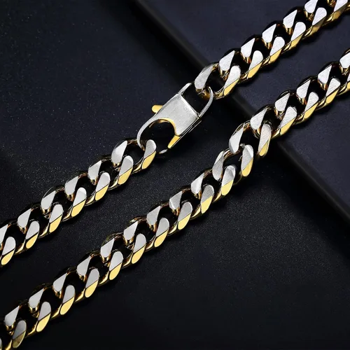 Miniatura 9 de YAMI Cadena de eslabones cubanos para hombre, azul/negro/oro de 14 quilates, acero inoxidable de 0.394-0.472 in de grosor, collar de cadena