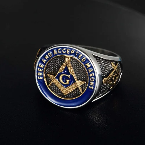 Miniatura 5 de IFUAQZ Anillo masónico de acero inoxidable para hombre con símbolo de masones de oro azul libre y aceptado, Metal, Sin piedras preciosas