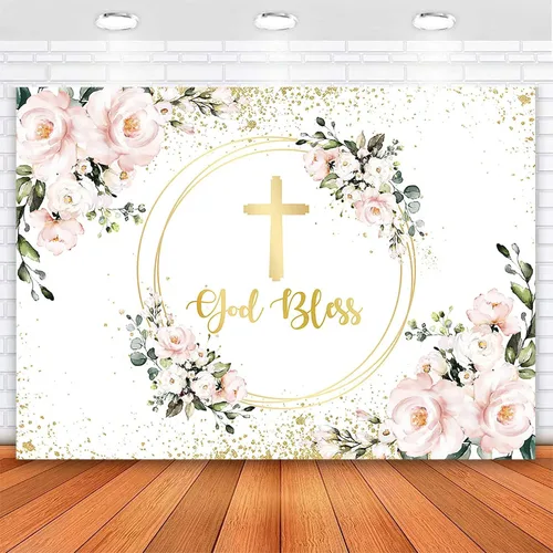 Avezano Telón de fondo rosa con texto en inglés "God Bles" (God Bless - Fondo para baby shower, color rosa rubor, fondo de baby shower, puntos