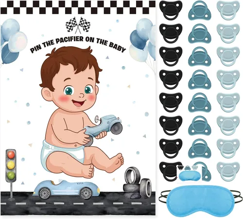 Miniatura 19 de Faccito Pin The Chupete - Juego de baby shower, decoración de fiesta de baby shower, incluye póster grande, 24 calcomanías para chupete, juego