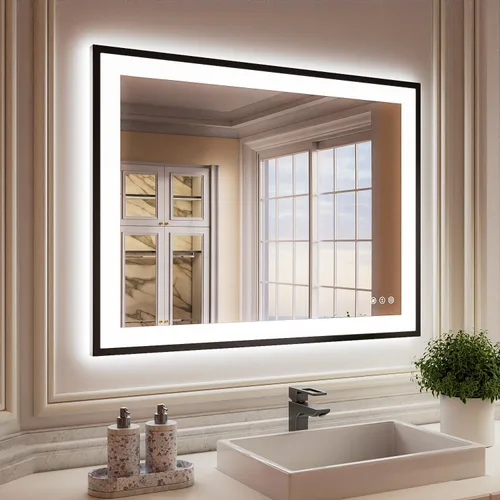 ISKM Espejo LED con marco para baño de 40"x30", espejo de baño LED regulable con luces, antivaho, espejo iluminado frontal y retroiluminado de 3