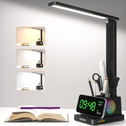 Lámpara de escritorio de estudio para oficina y hogar, luz de escritorio con puerto USB y soporte para teléfono RGB, 3 colores × 4 de brillo, brazo