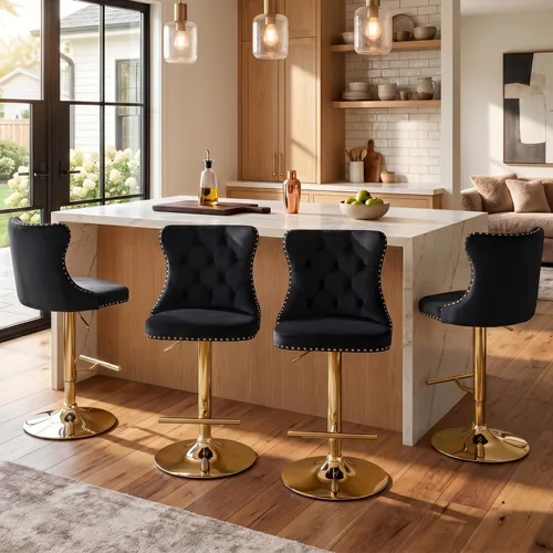 Miniatura 78 de SoarFlash Juego de 2 taburetes de bar tapizados de terciopelo moderno con patas de madera, botones acolchados, cabeza de clavo cromada, asiento